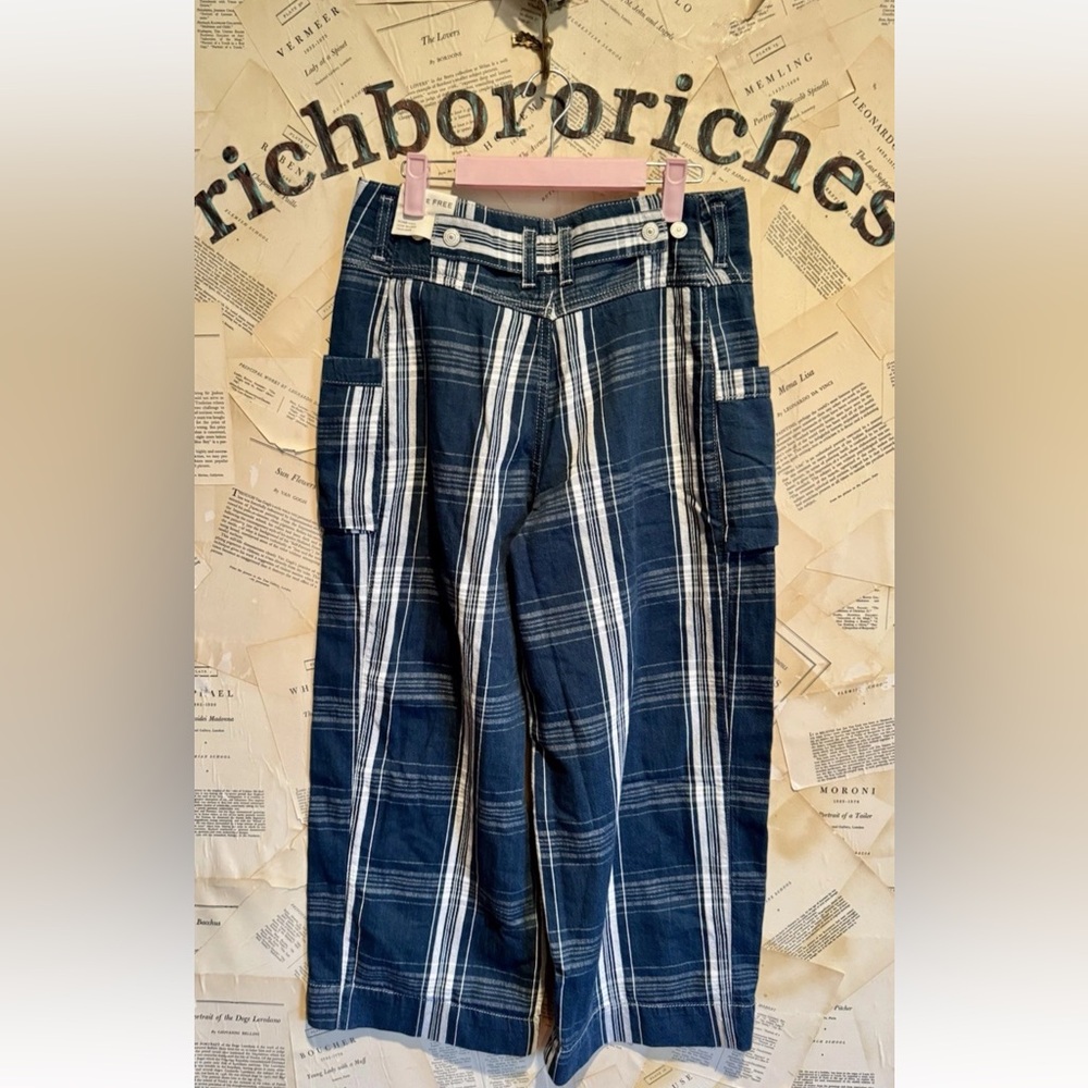 Free People Rose Hall Low Slung Trousers We The Free Side Pockets Blue Motif - Picture 7 of 7